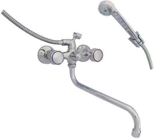 Смесители для ванны с душем Центр Сантехники ЭКО ЦС 500-4 длина 300 мм, двуручные, излив круглый, резиновая кран-букса, маховики Эрика, серебристые