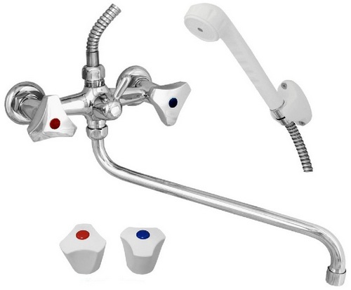 Смесители для ванны с душем Центр Сантехники ЦС-СМ 600/2-3 длина 315 мм, двуручные, излив круглый, резиновая кран-букса, маховики белые, серебристые