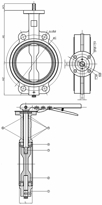 Чертеж Затвор поворотный дисковый B10W-DS  чугунный межфланцевый с ручкой
