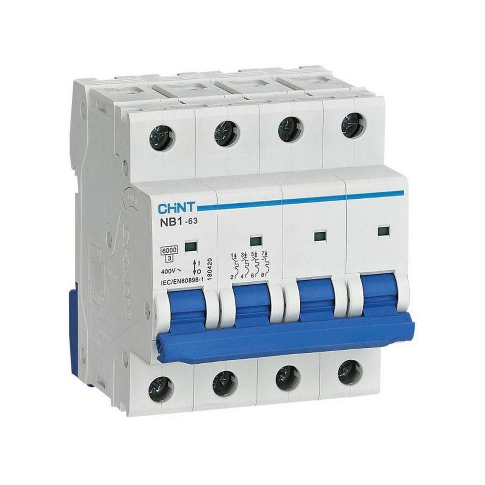 Автоматический выключатель четырехполюсный CHINT NB1-63 4P (C) 50А 6кА, сила тока 50 A, тип расцепителя C, отключающая способность 6 кА