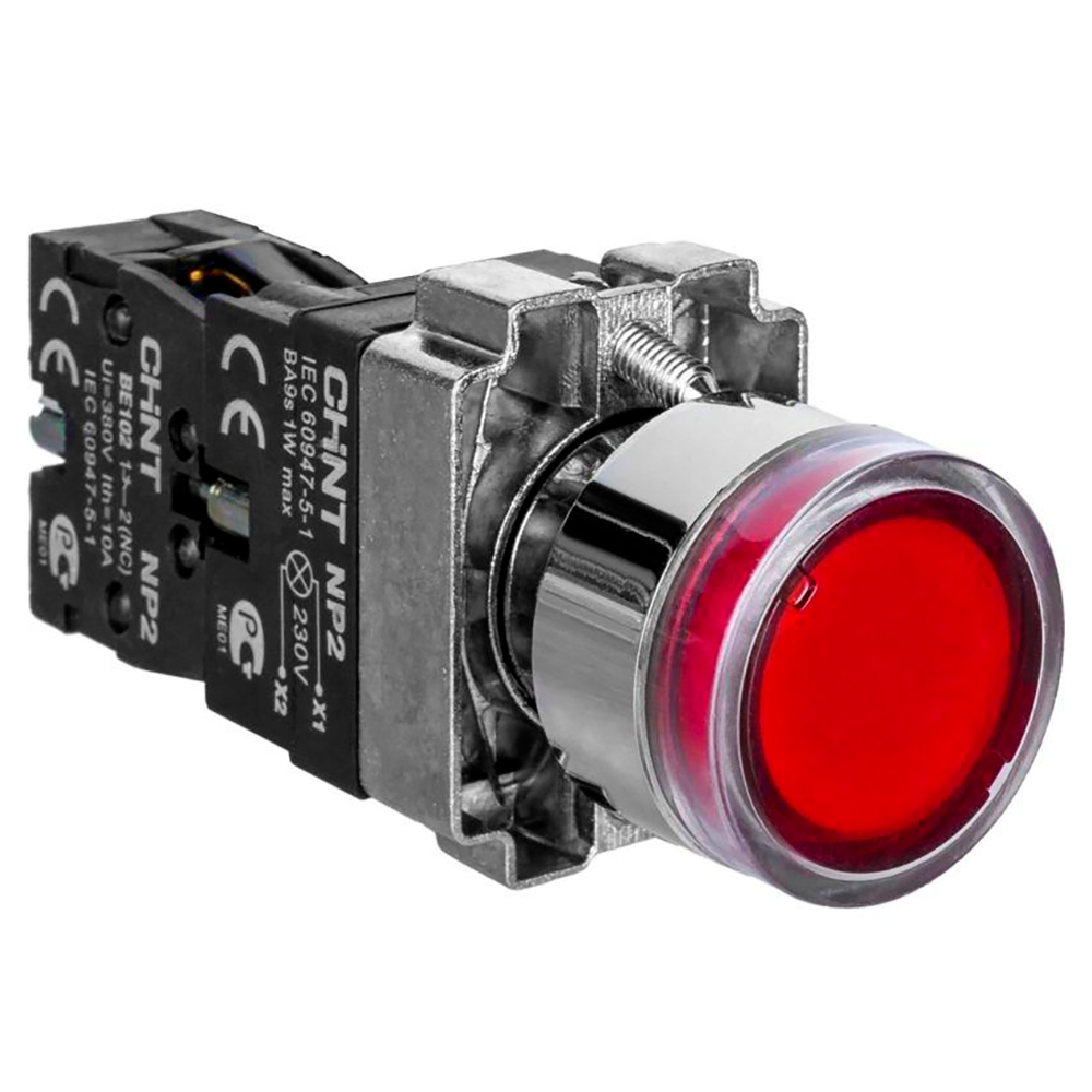 Кнопка CHINT NP2-BW3461 нажимная плоская, с самовозвратом, контакт 1НО, LED лампа 230В, IP40, цвет – красный