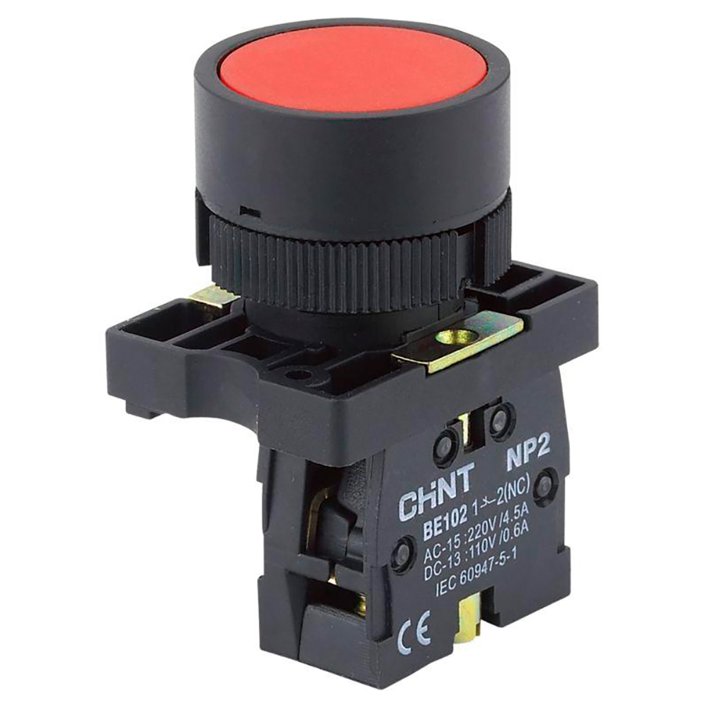 Кнопка CHINT NP2-EA45 нажимная плоская, с самовозвратом, контакты 1НЗ + 1НО, IP40, цвет – красный