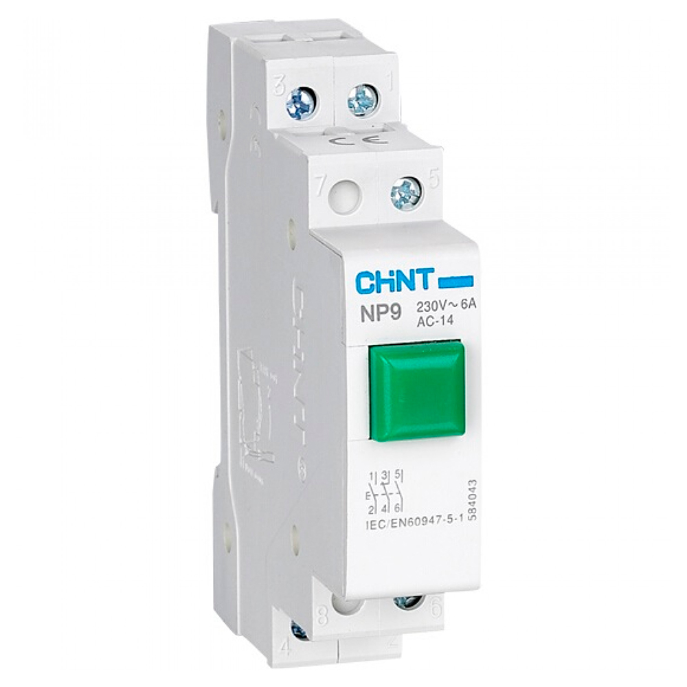 Кнопка CHINT NP9-10D3/1 модульная, контакт 1НО, LED лампа 230В, IP20, цвет – зеленый