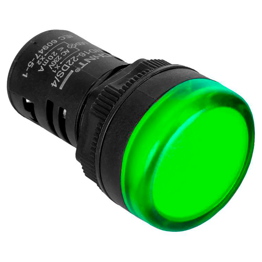 Лампа сигнальная CHINT ND16-22DS/4 укороченная, со встроенным конденсатором 20А, 400В, IP40, цвет –  зеленый