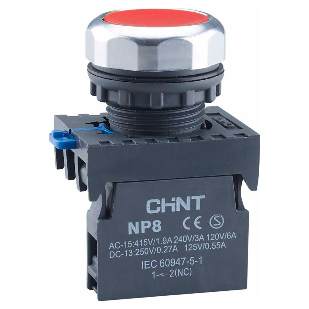 Кнопка CHINT NP8-11BN/4 нажимная плоская, с самовозвратом, контакты 1НЗ + 1НО, IP65, цвет – красный