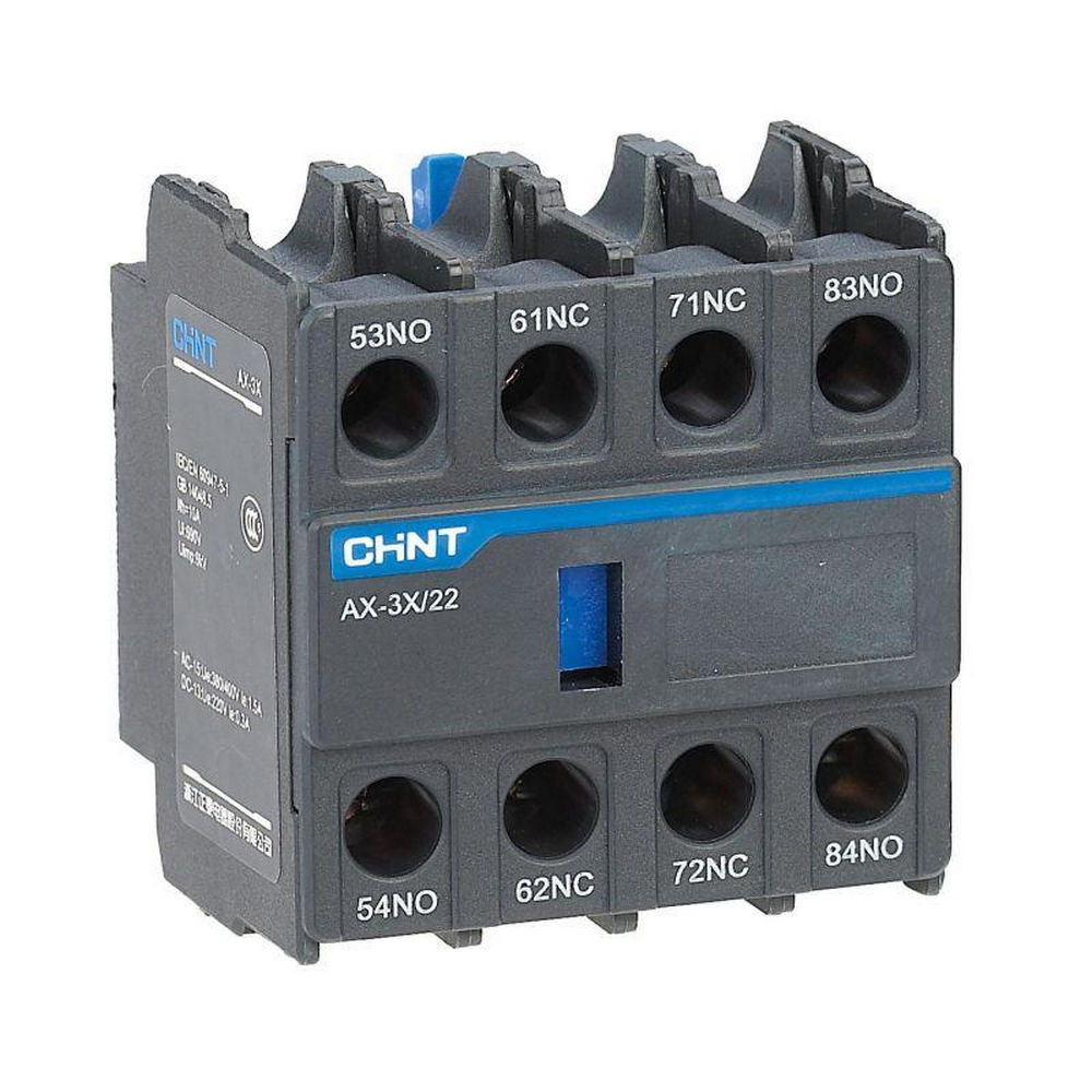 Приставка CHINT AX-3X/22, к контактору NXC-06~630(R), с дополнительными контактами 2НО+2НЗ, номинальный ток - 1.5  А, способ монтажа - на DIN-рейку, IP20