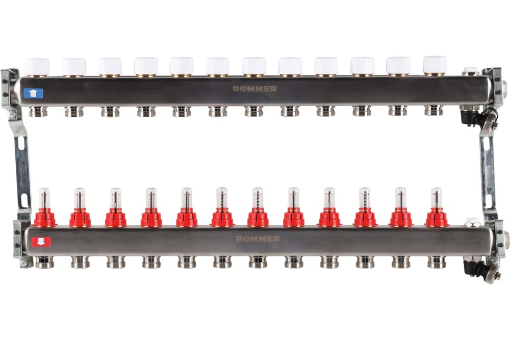 Коллектор стальной ROMMER RMS-1201 с расходомерами, с клапаном выпуска воздуха и сливом, 12 выходов
