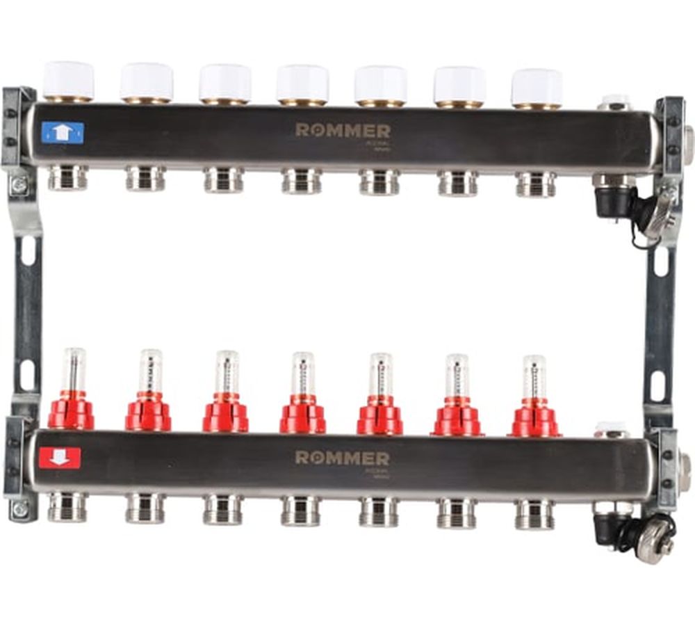 Коллектор стальной ROMMER RMS-1201 с расходомерами, с клапаном выпуска воздуха и сливом, 7 выходов