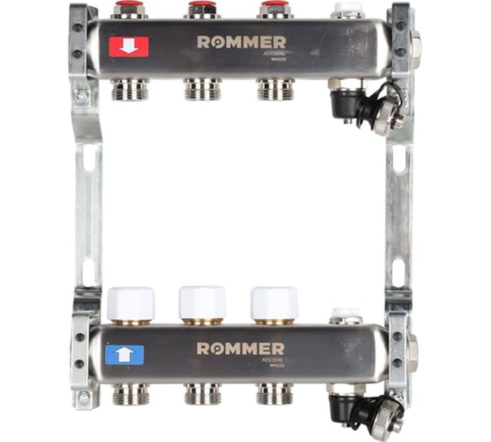 Коллектор стальной ROMMER RMS-3201 в сборе без расходомеров, с клапаном выпуска воздуха и сливом, 3 выхода