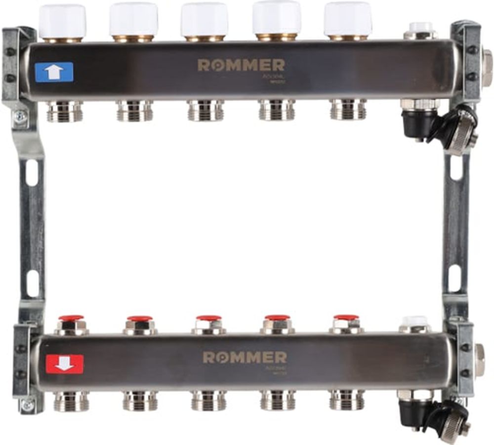 Коллектор стальной ROMMER RMS-3201 в сборе без расходомеров, с клапаном выпуска воздуха и сливом, 5 выходов