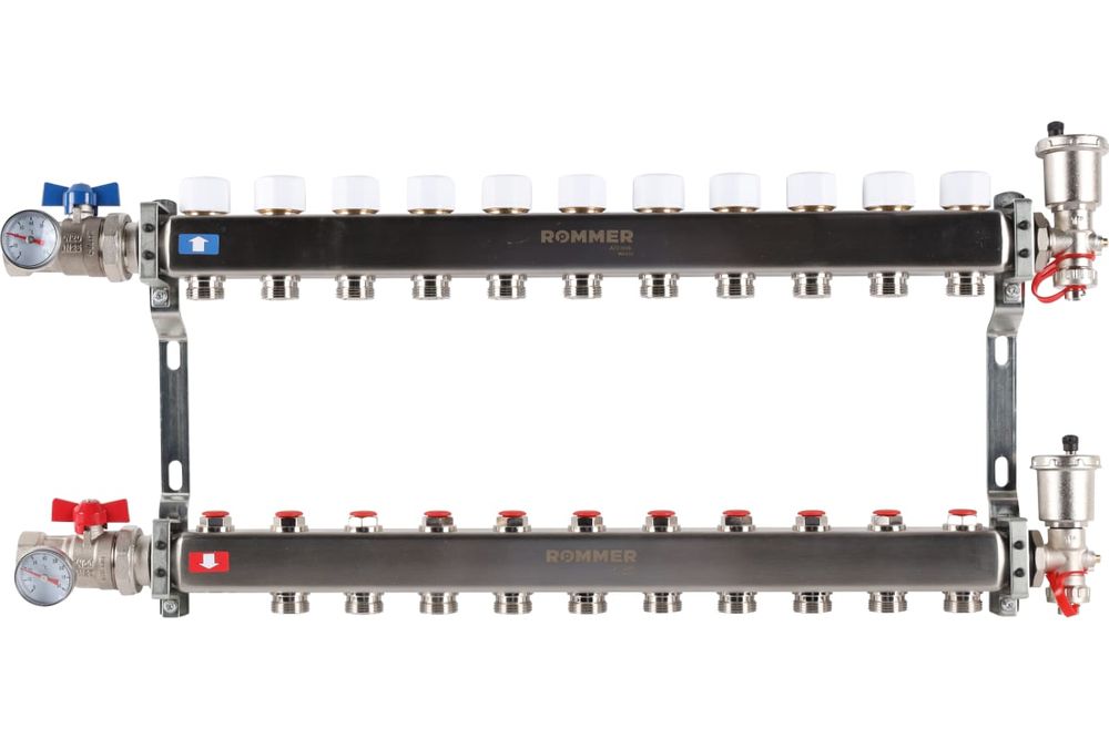 Коллектор стальной ROMMER RMS-3210 в сборе без расходомеров, 11 выходов