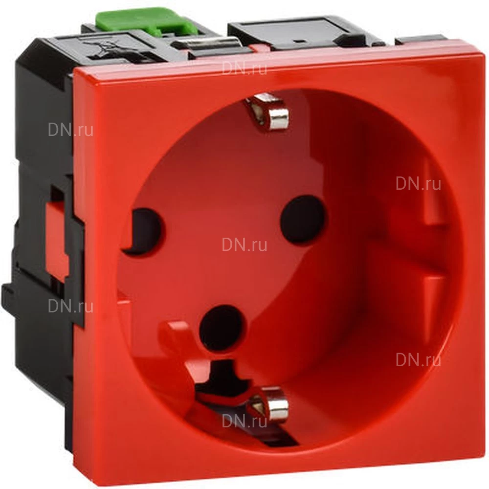 Розетка Daccord 45х45 4525061 с заземляющим контактом, защитной шторкой, с безвинтовым зажимом и блокировкой (2 модуля), цвет - красный