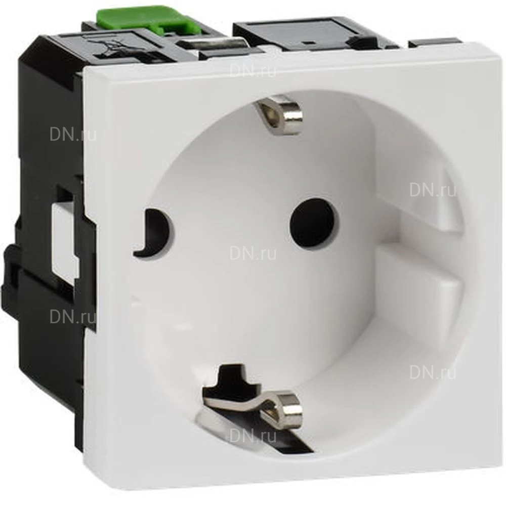 Розетка Daccord 45х45 4521055 с заземляющим контактом, c защитной шторкой, с безвинтовым зажимом (2 модуля), цвет - белый