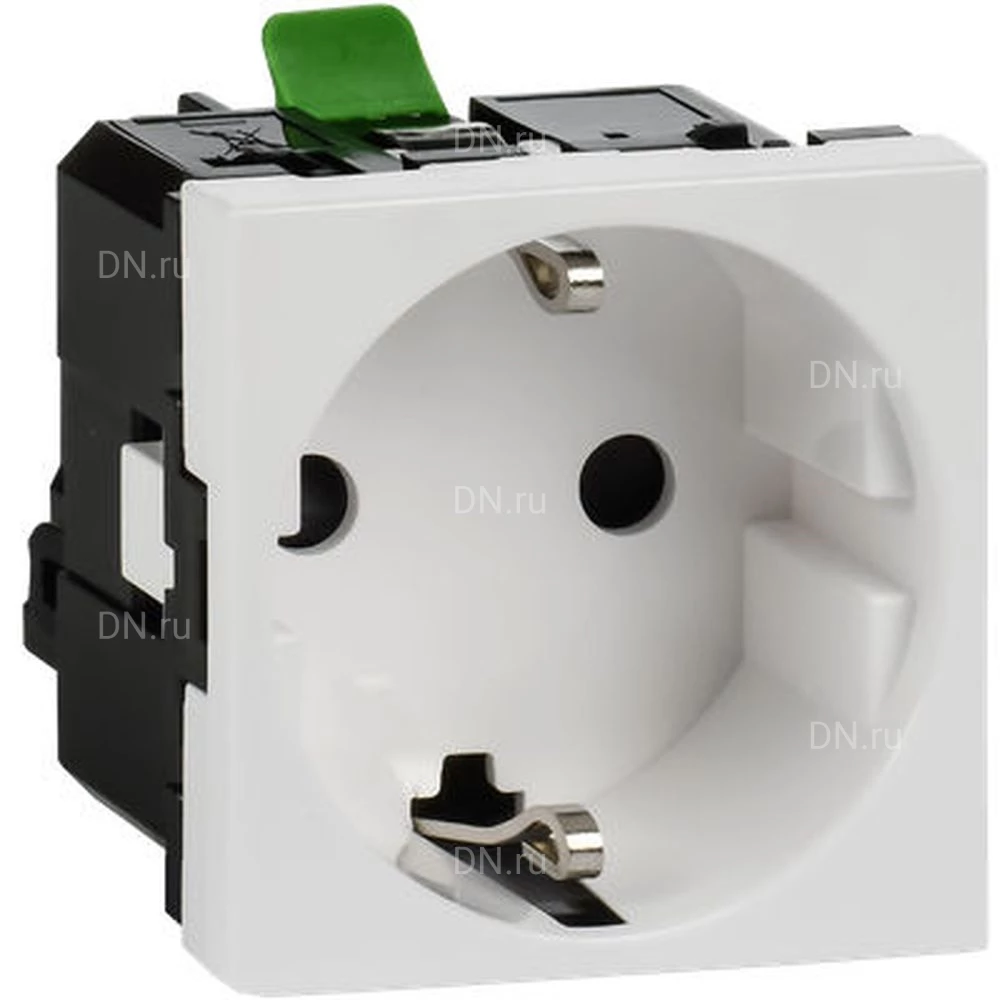 Розетка Daccord 45х45 4521054 с заземляющим контактом, без защитной шторки, с безвинтовым зажимом (2 модуля), цвет - белый