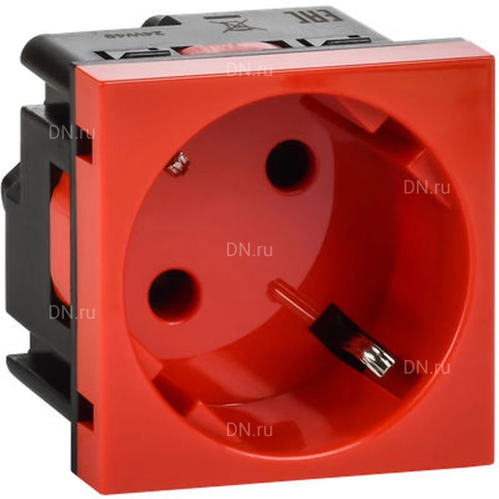 Розетка Daccord 45х45 4525052 45° с заземляющим контактом, c защитной шторкой, с винтовым зажимом (2 модуля), цвет - красный