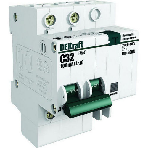 Автоматические выключатели дифференциального тока двухполюсные DEKraft ДИФ-101 4.5кА 2P (C), ток утечки 30 мА, сила тока 10-40 А