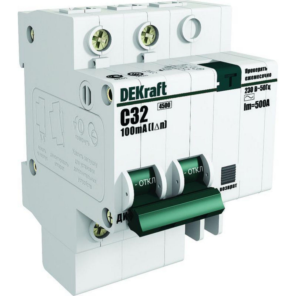Автоматический выключатель дифференциального тока двухполюсный DEKraft ДИФ-101 4.5кА 2P (C) 32А АС30, ток утечки 30 мА, сила тока 32 А