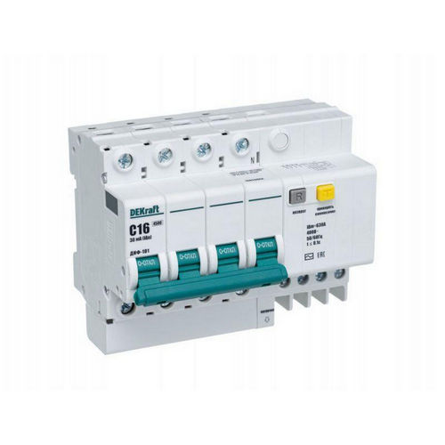 Автоматические выключатели дифференциального тока четырехполюсные DEKraft ДИФ-101 4.5кА 4P (C), ток утечки 30 мА, сила тока 16-63 А