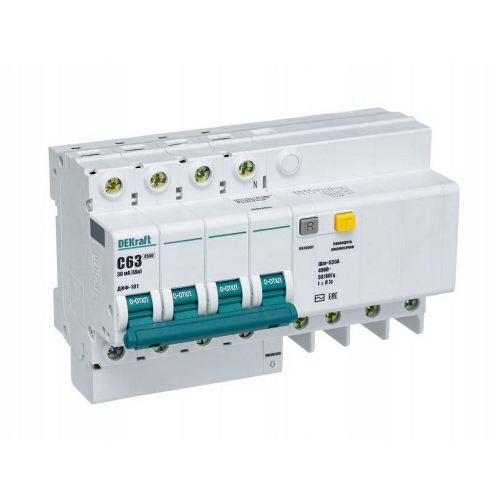 Автоматический выключатель дифференциального тока четырехполюсный DEKraft ДИФ-101 4.5кА 4P (C) 63А АС30, ток утечки 30 мА, сила тока 63 А