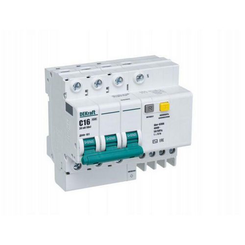 Автоматические выключатели дифференциального тока четырехполюсные DEKraft ДИФ-101 4.5кА 4P (3P+N), ток утечки 30 мА, сила тока 16-20 А