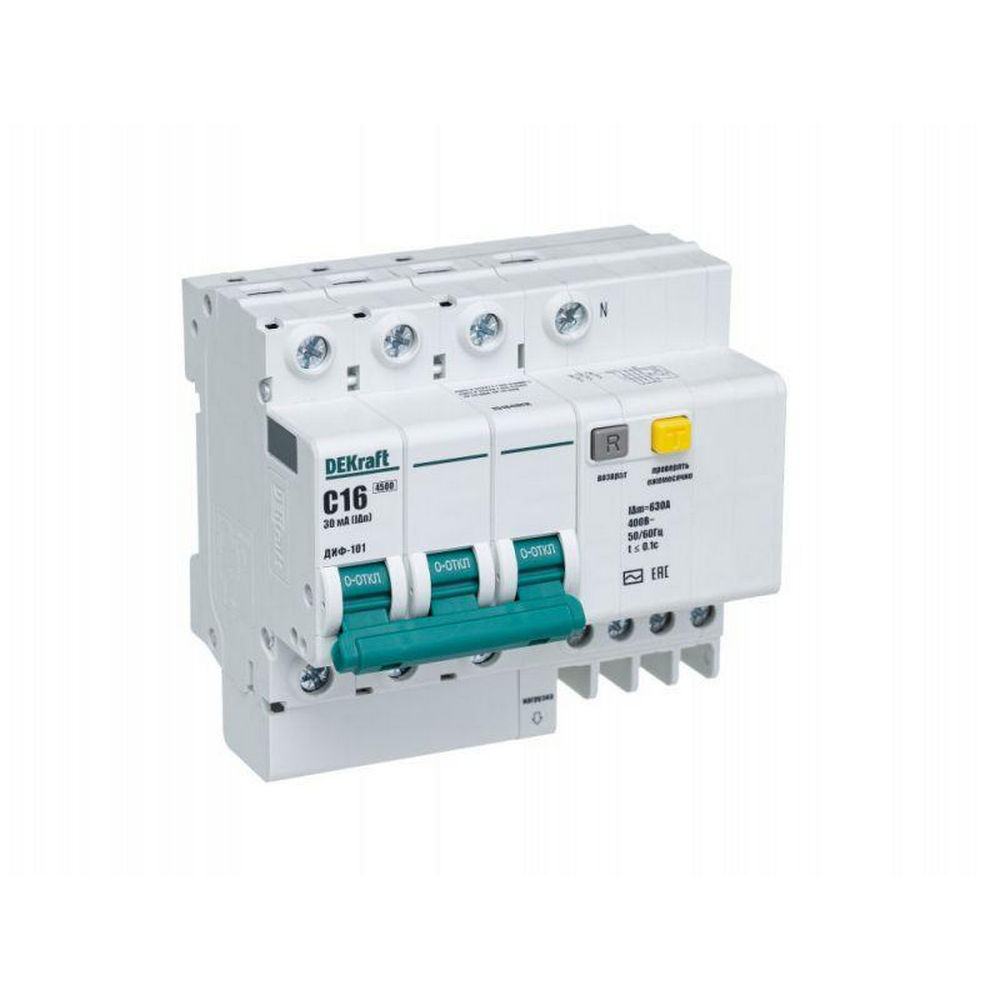 Автоматический выключатель дифференциального тока четырехполюсный DEKraft ДИФ-101 4.5кА 4P (3P+N) C16 AC30, ток утечки 30 мА, сила тока 16 А
