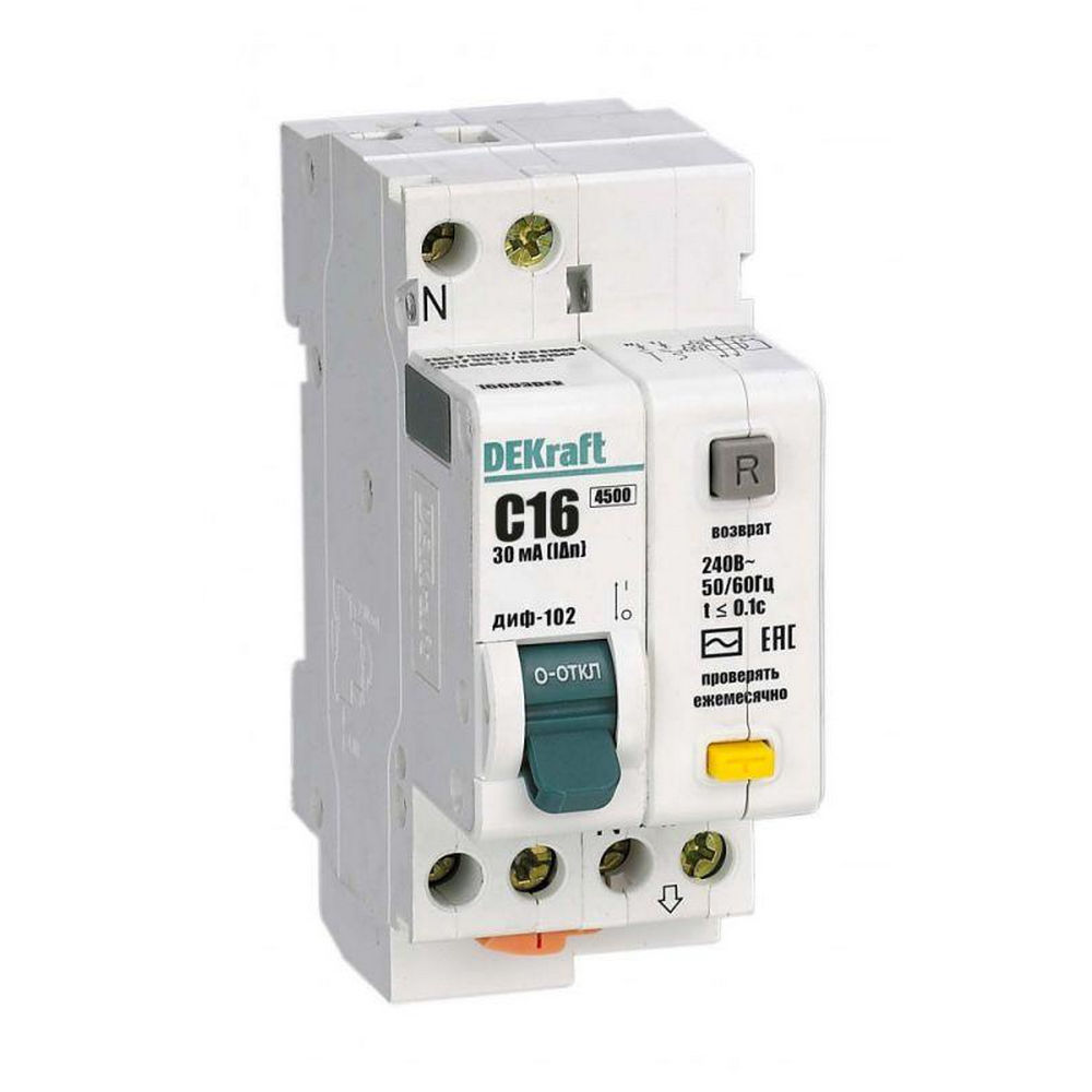 Автоматический выключатель дифференциального тока двухполюсный DEKraft ДИФ-102 4.5кА 2P (1P+N) (C) 16А АС30, ток утечки 30 мА, сила тока 16 А