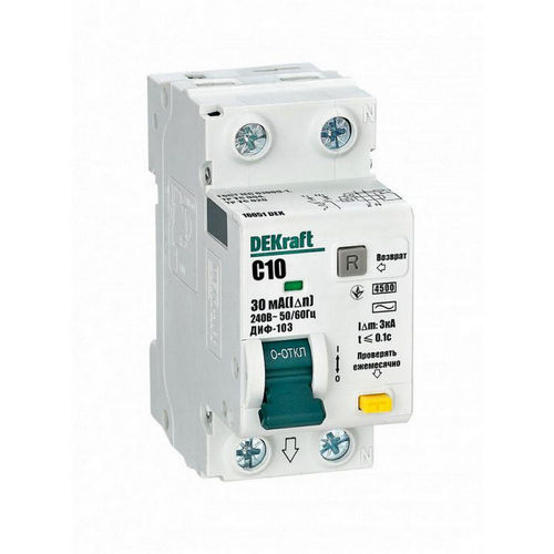 Автоматические выключатели дифференциального тока двухполюсные DEKraft ДИФ-103 4.5кА 2P (1P+N) (C), ток утечки 30 мА, сила тока 6-63 А