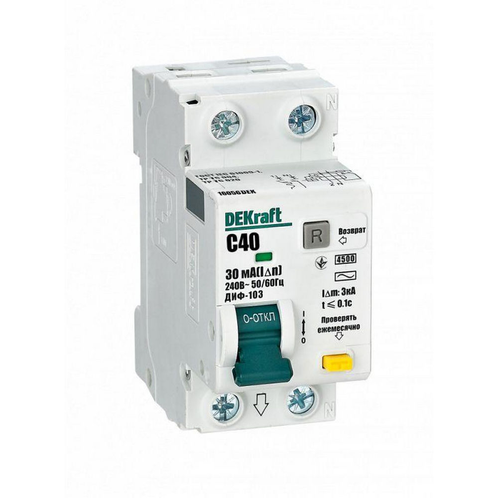 Автоматический выключатель дифференциального тока двухполюсный DEKraft ДИФ-103 4.5кА 2P (1P+N) (C) 40А АС30, ток утечки 30 мА, переменный, сила тока 40 А