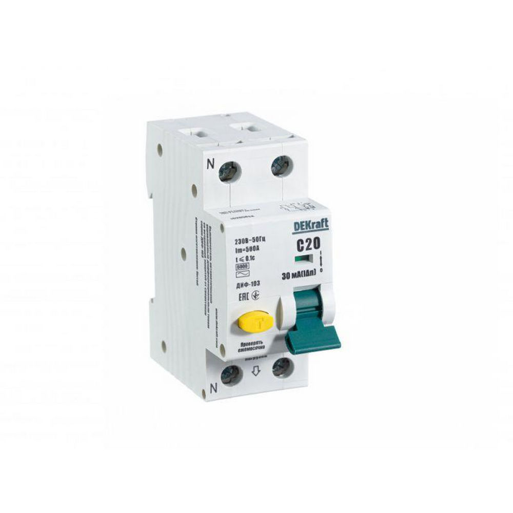Автоматический выключатель дифференциального тока двухполюсный DEKraft ДИФ-103 6кА 2P (1P+N) (C) 20А АС30, ток утечки 30 мА, сила тока 20 А