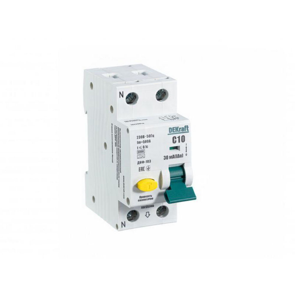 Автоматический выключатель дифференциального тока двухполюсный DEKraft ДИФ-103 6кА 2P (1P+N) (C) 10А А30, ток утечки 30 мА, сила тока 10 А