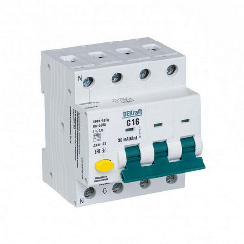 Автоматические выключатели дифференциального тока четырехполюсные DEKraft ДИФ-103 6кА 4P (3P+N) (C), ток утечки 30 мА, сила тока 16-40 А