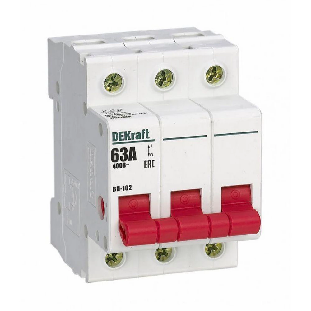 Выключатель-разъединитель DEKraft ВН-102 3P 63 А трехполюсный, номинальный ток 63 А 17011DEK