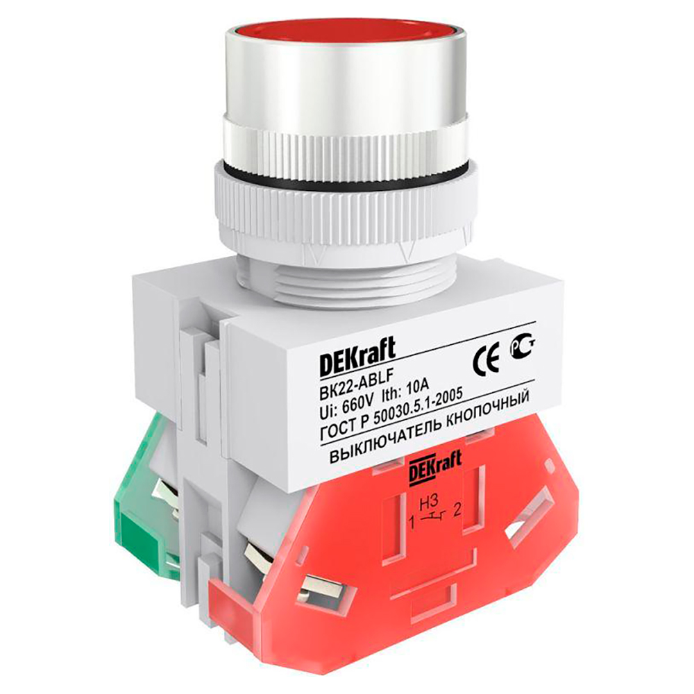 Выключатель кнопочный DEKraft ВК-22-ABLF толкатель цилиндрический, контакты 1НЗ+1НО, 10А, 220В, IP54, цвет – красный