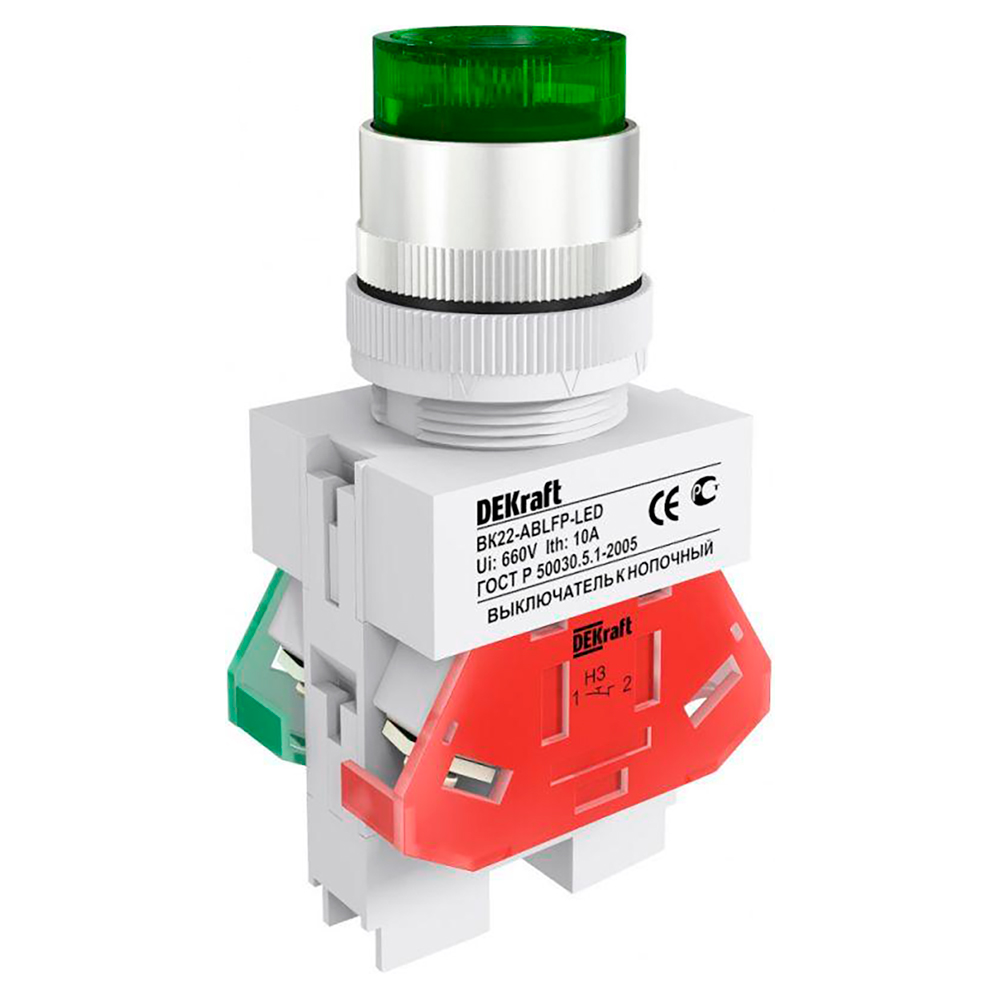 Выключатель кнопочный DEKraft ВК-22-ABLFP толкатель цилиндрический, контакты 1НЗ+1НО, LED лампа 10А, 220В, IP54, цвет – зеленый