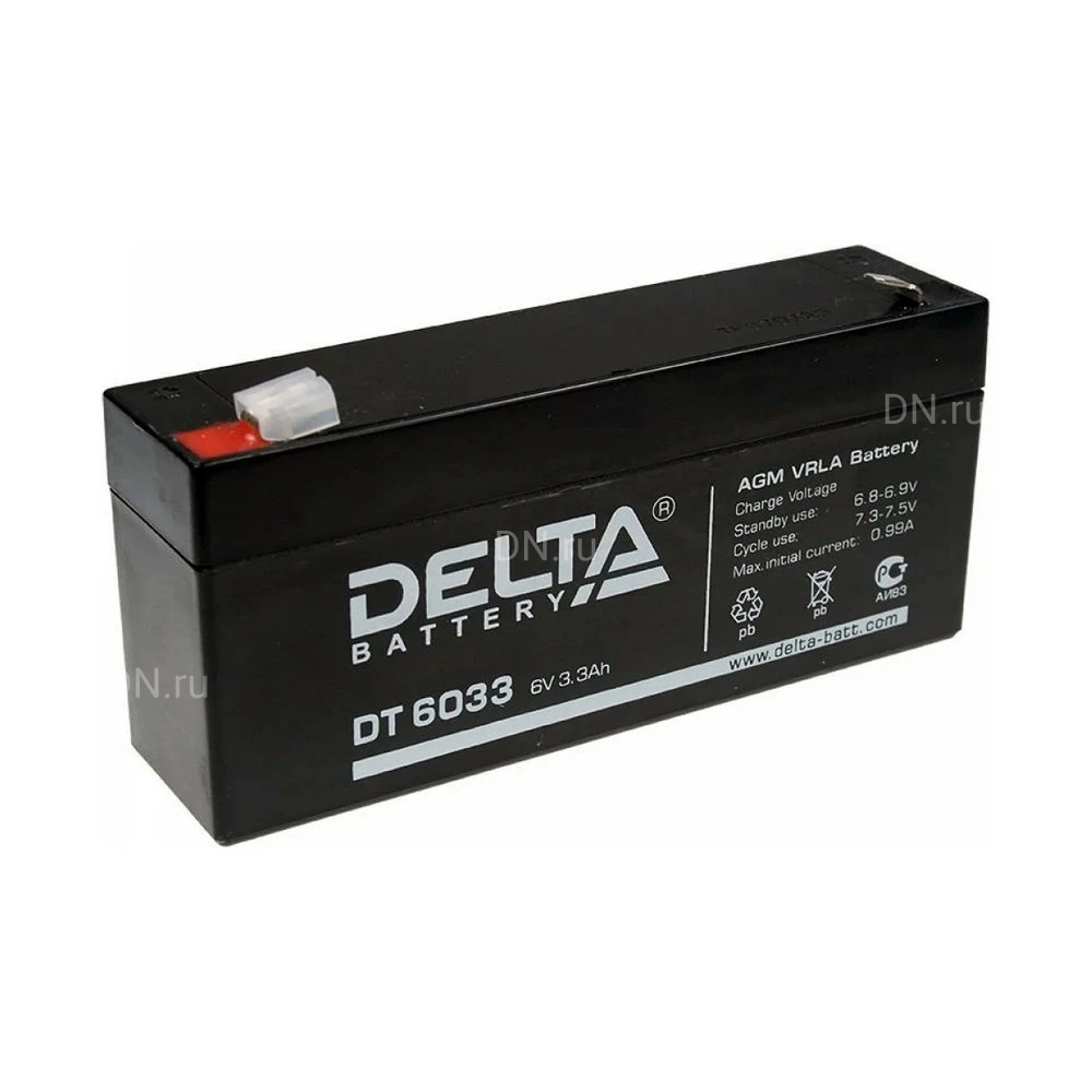 Аккумуляторная батарея Delta DT 6033 125х33х67мм, напряжение - 6В, емкость - 3.3Ач, тип клеммы - FASTON (зажим) 4.8мм