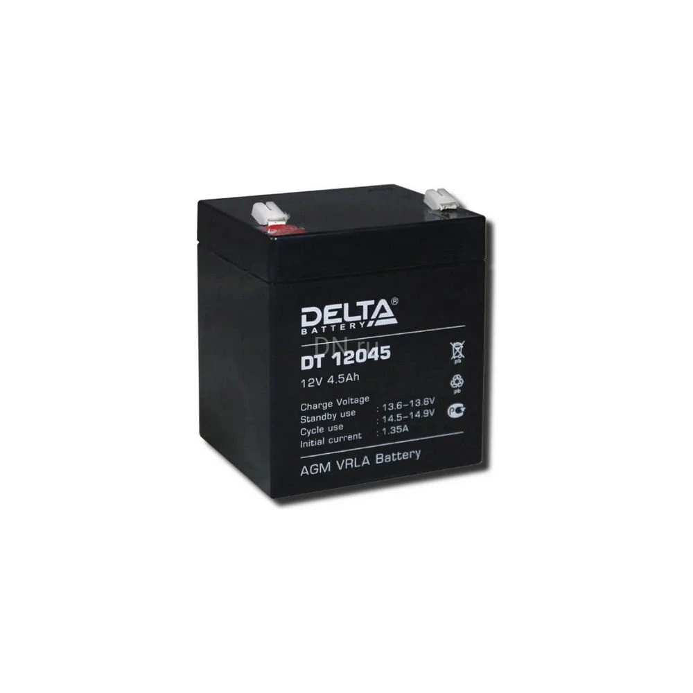 Аккумуляторная батарея Delta DT 12045 90х70х107мм, напряжение - 12В, емкость - 4.5Ач, тип клеммы - FASTON (зажим) 4.8мм