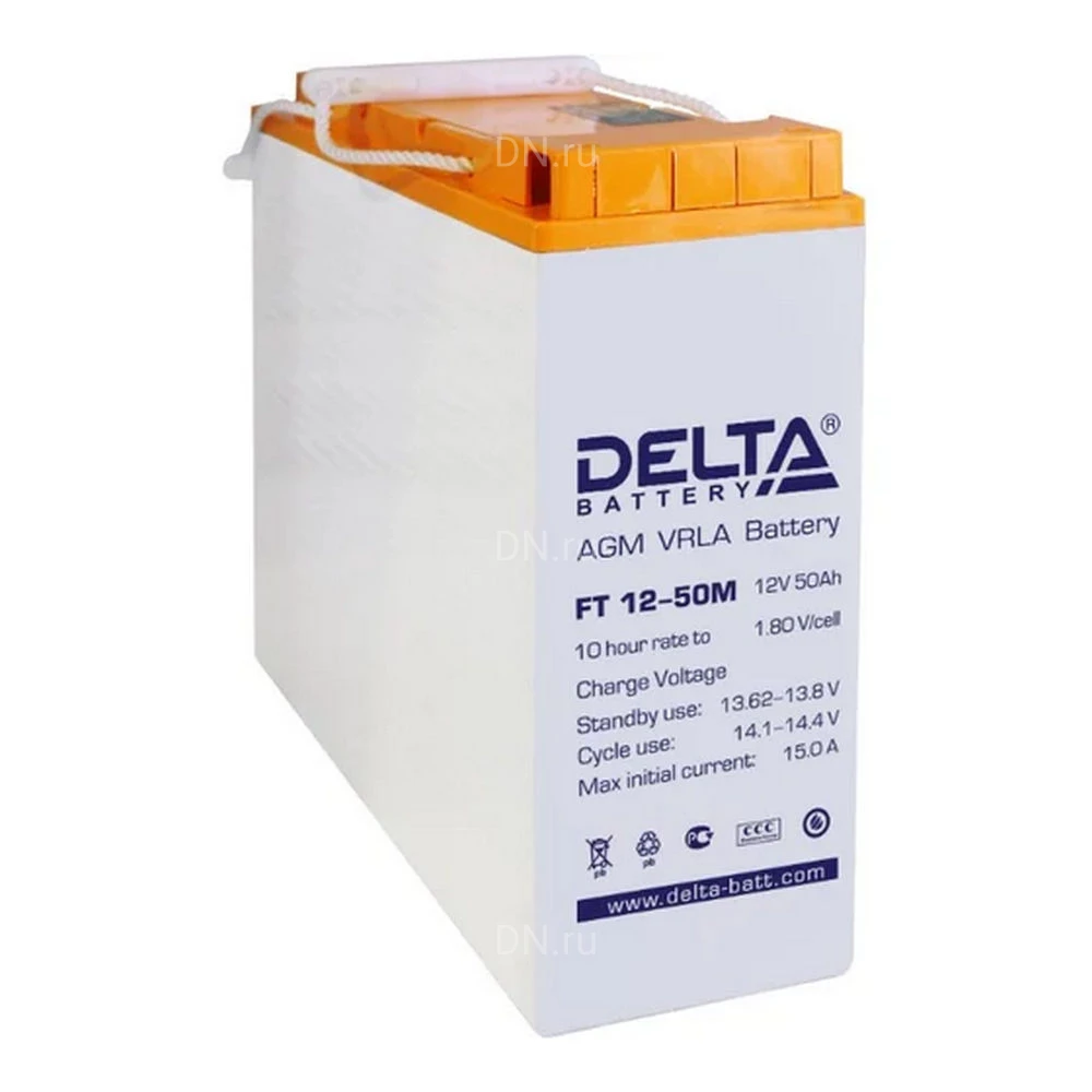 Аккумуляторная батарея Delta FT 12-50 M 277х106х243мм, напряжение - 12В, емкость - 50Ач, тип клеммы - под болт M6