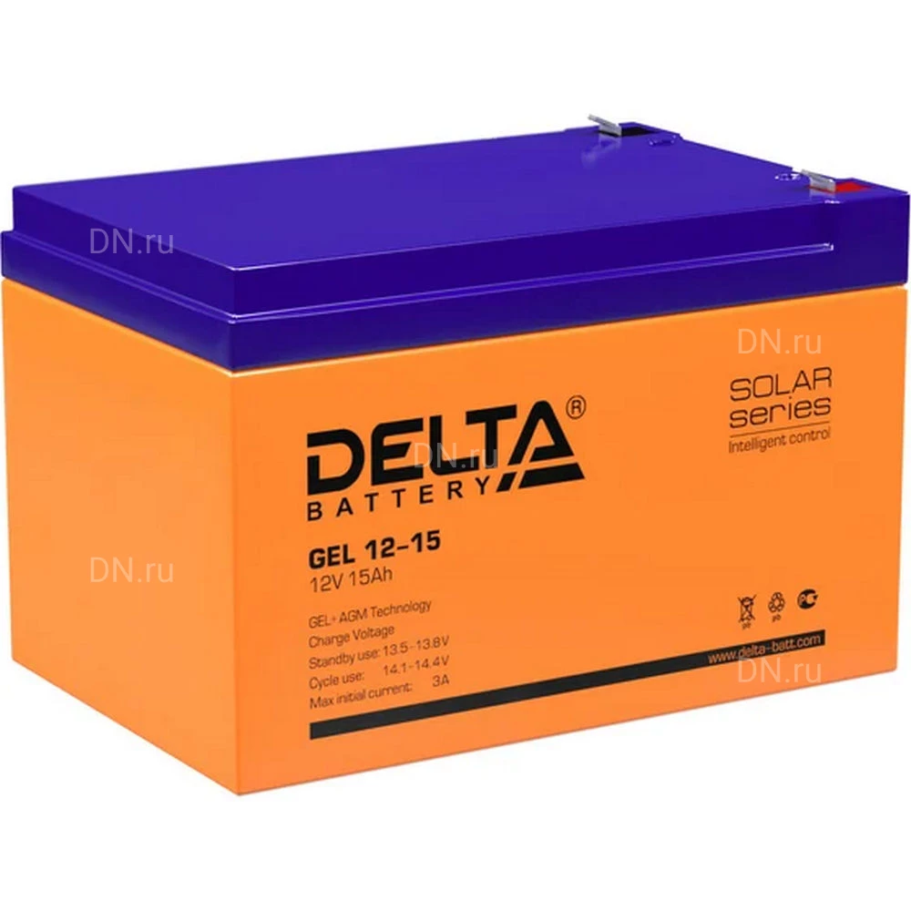 Аккумуляторная батарея Delta GEL 12-15 151х98х100мм, напряжение - 12В, емкость - 15Ач, тип клеммы - FASTON (зажим) 6.35мм