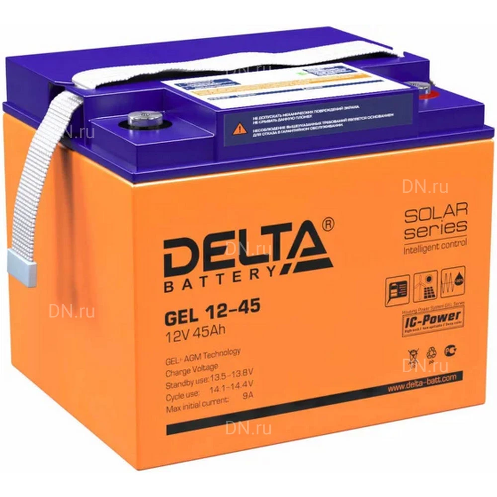 Аккумуляторная батарея Delta GEL 12-45 196х166х173мм, напряжение - 12В, емкость - 45Ач, тип клеммы - под болт M6