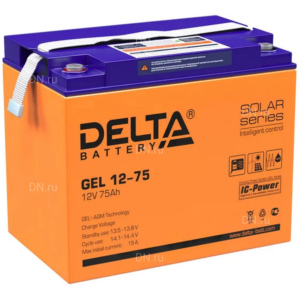 Аккумуляторная батарея Delta GEL 12-75 260х168х219мм, напряжение - 12В, емкость - 75Ач, тип клеммы - под болт M6