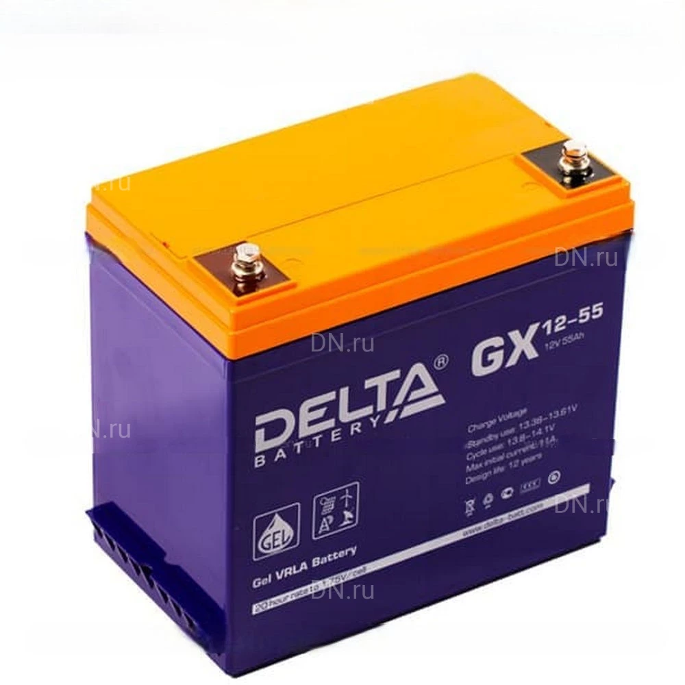 Аккумуляторная батарея Delta GX 12-55239х132х235мм, напряжение - 12В, емкость - 55Ач, тип клеммы - под болт M6