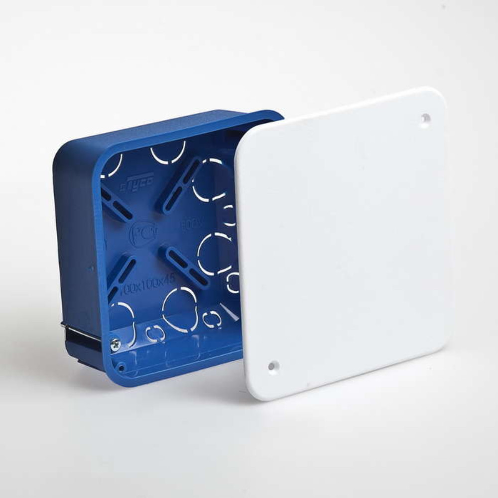 Коробка распределительная Ruvinil 100x100x45 IP30 для скрытой проводки в гипсокартон, корпус - пластик, цвет - синий