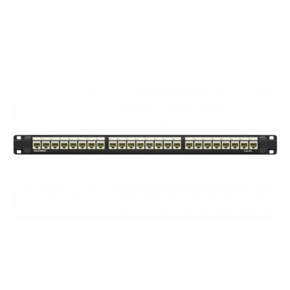 Патч-панель DKC UTP 19″ неэкранированная, 24 порта RJ45, категория - 6A, высота - 1U, цвет - черный