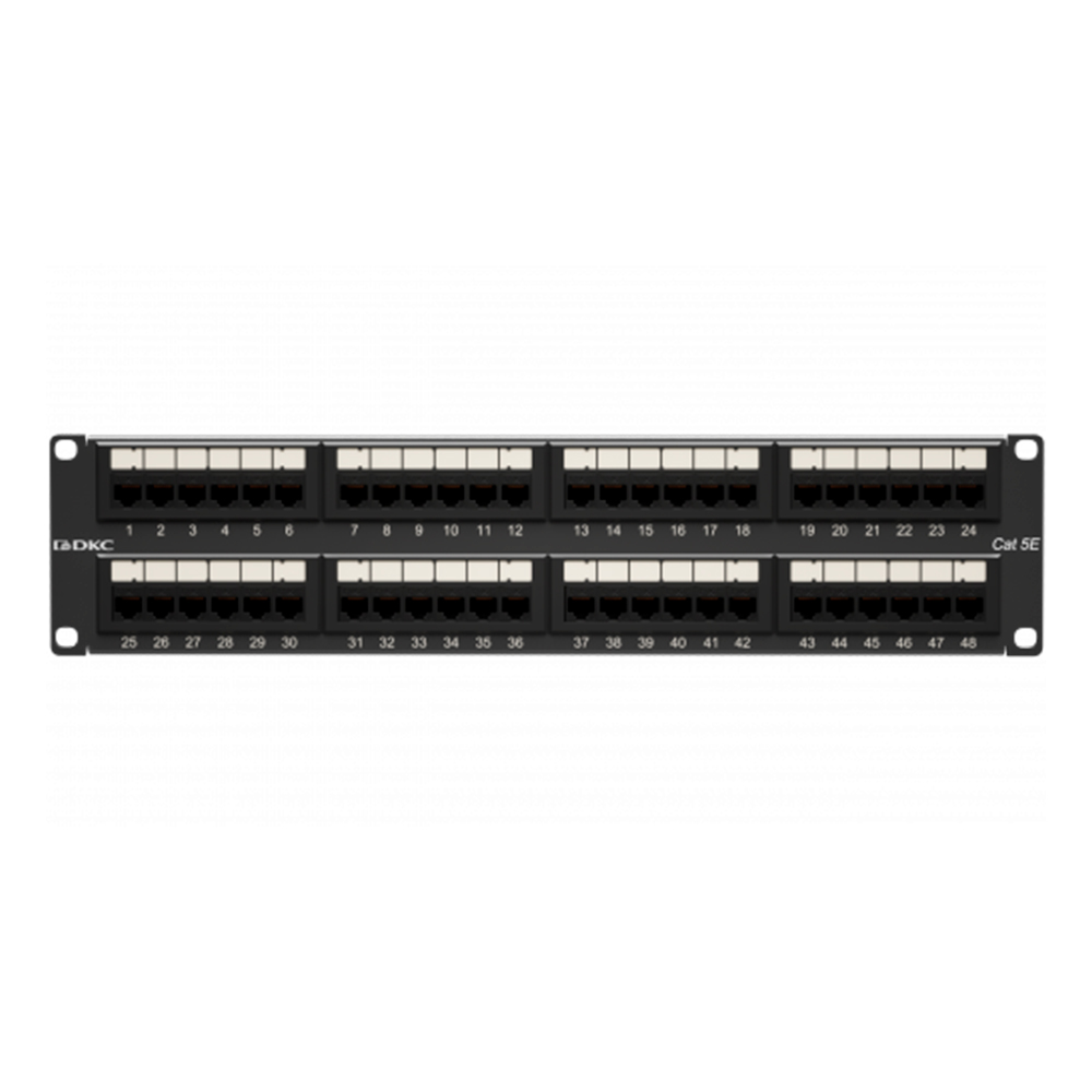 Патч-панель DKC UTP 19″ неэкранированная, 48 портов RJ45, категория - 5E, высота - 2U, цвет - черный