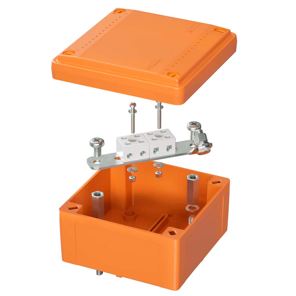 Коробка ответвительная DKC огнестойкая с гладкими стенками 100х100х50 мм, 6 вводов, 4 полюса, IP56, оранжевая