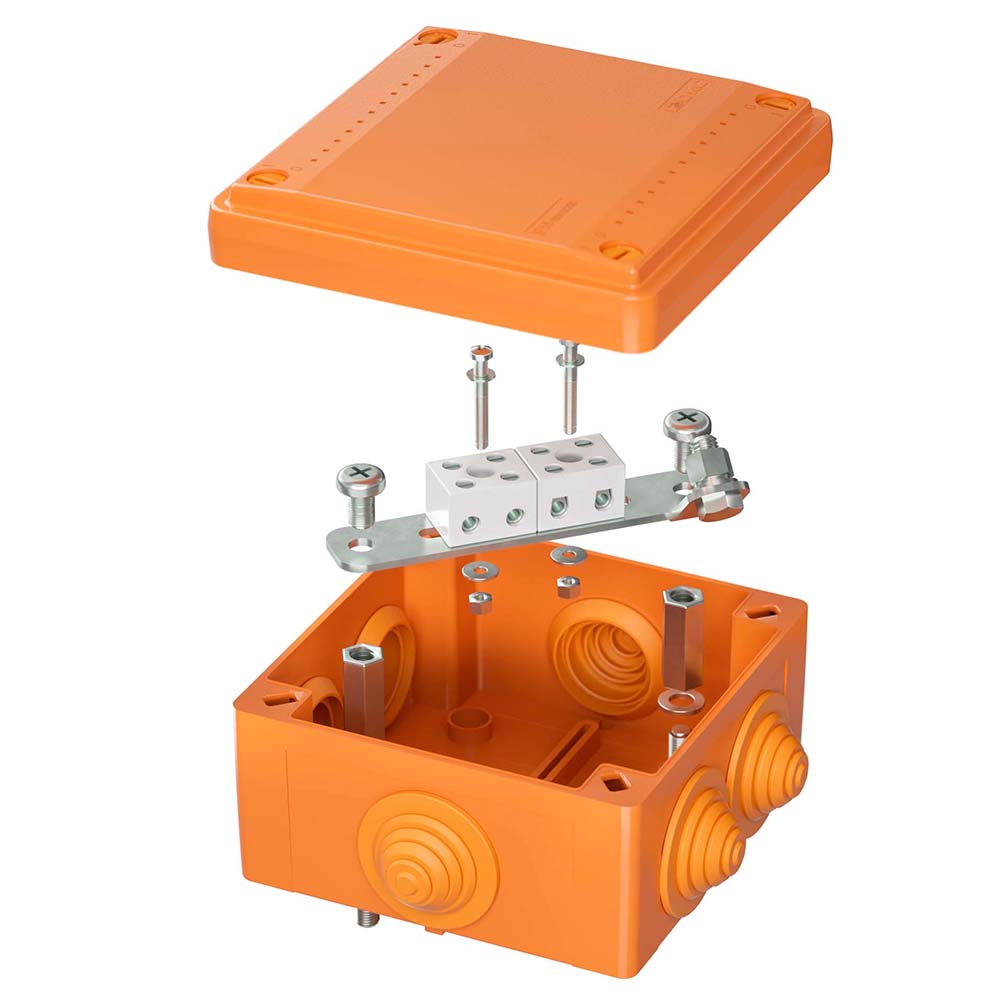Коробка ответвительная DKC огнестойкая с кабельными вводами 100х100х50 мм, 6 вводов, 4 полюса, IP56, оранжевая
