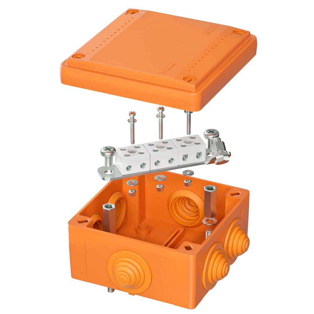 Коробка ответвительная DKC огнестойкая с кабельными вводами 100х100х50 мм, 6 вводов, 6 полюсов, IP56, оранжевая