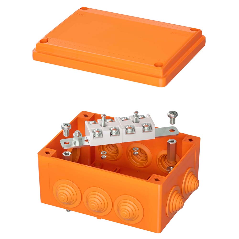 Коробка ответвительная DKC огнестойкая с кабельными вводами 150х110х70 мм, 10 вводов, 4 полюса, IP55, оранжевая
