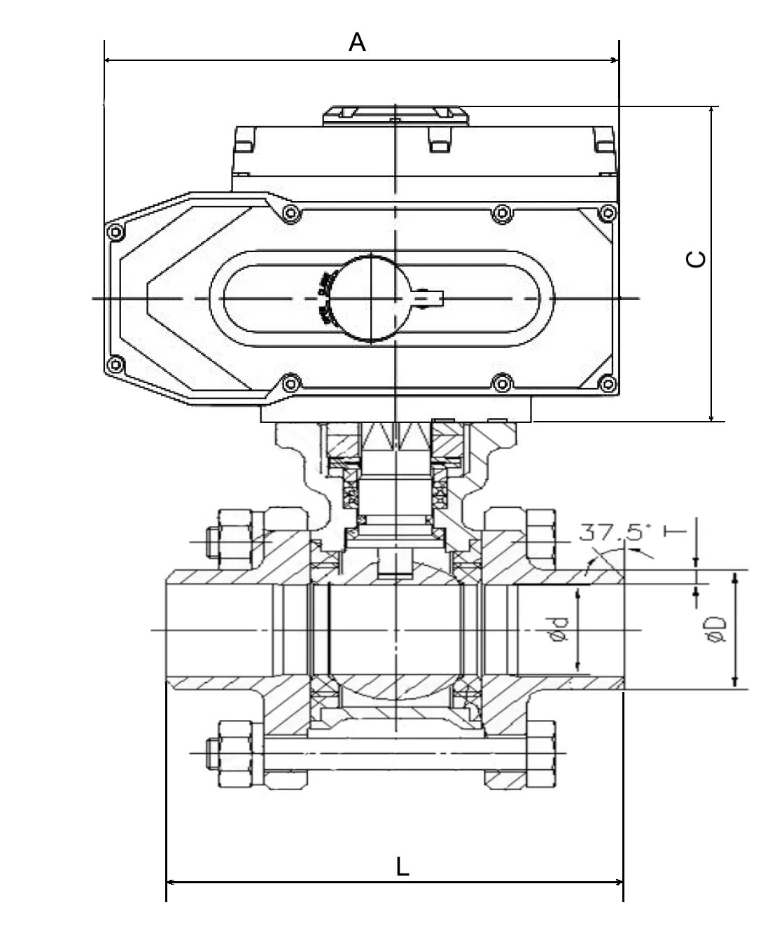 Кран шаровой ABRA BV61 1 1/4″ Ду32 Ру40 полнопроходной, двухходовой, нержавеющая сталь, уплотнение - PTFE, под приварку, с электроприводом DN.ru-005 380B