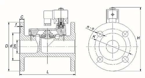 Эскиз размеров клапана электромагнитного DN.ru VS610-EF-NC-24VAC  Ду50 Ру10